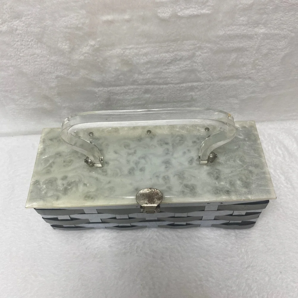 VTG Dorset Rex Lucite Basket Weave Metal Purse Silver White Bakelite Lid Handbag
